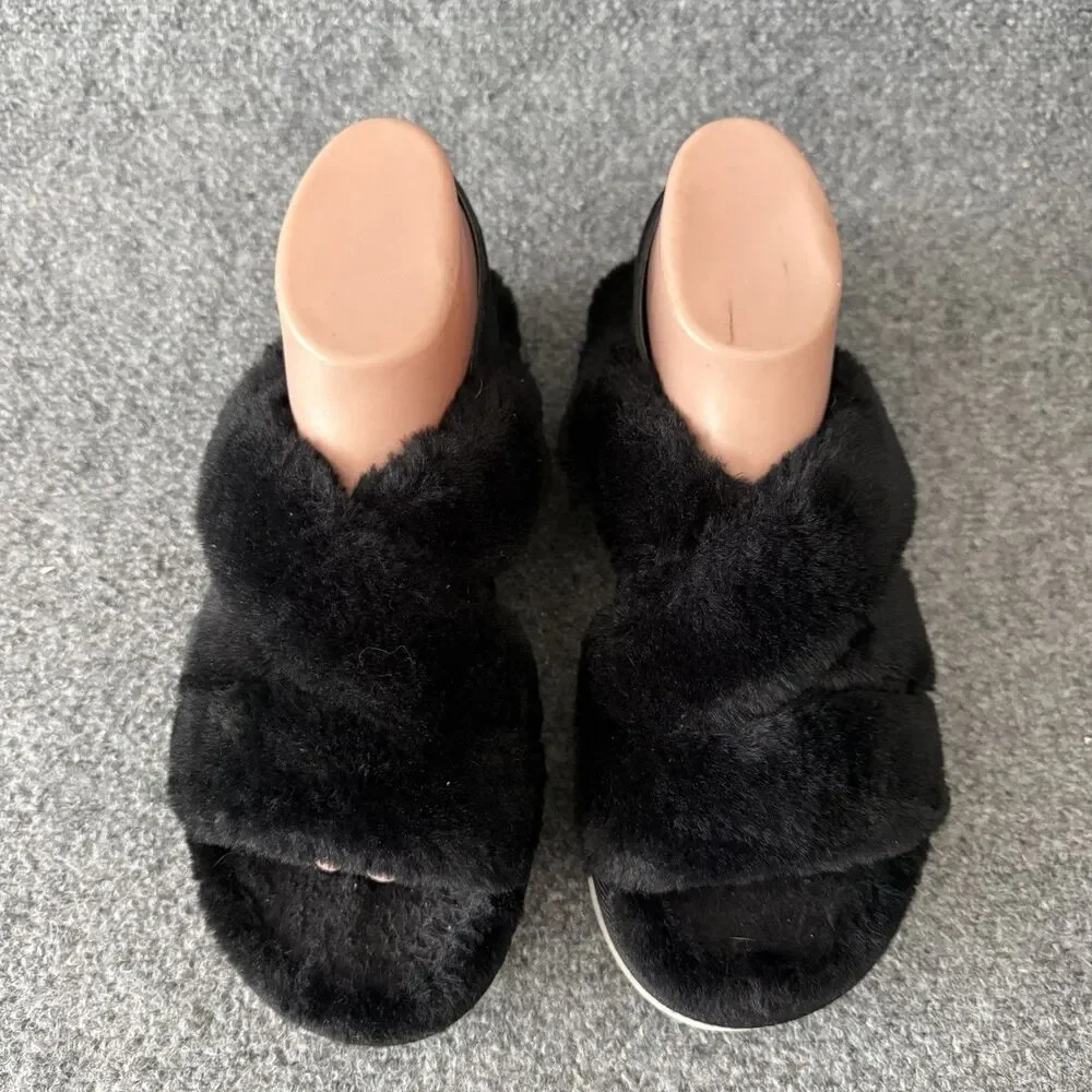 Koolaburra by UGG Fuzz-Ee Women Black Faux Fur Cross Strap Slingback Sandals 8